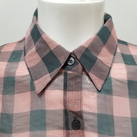 Faded Glory top Small 4/6 plaid sheer hi low chiffon button up down pocket check - Picture 5 of 16